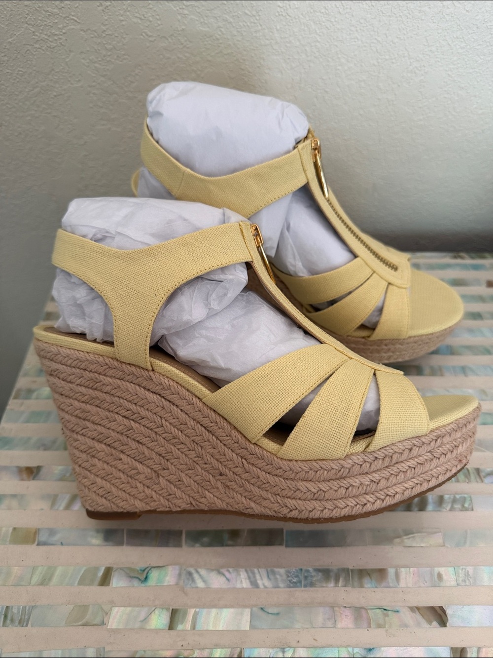 Yellow Espadrille Wedge Sandals with Front Zip
